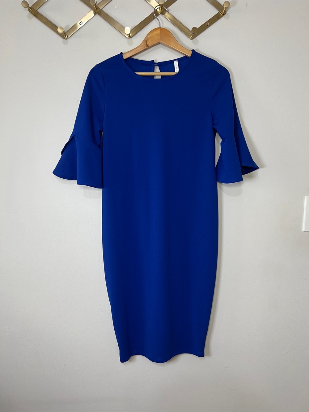 Pinkblush Royal Blue Midi Sheath Dress with Bell Sleeves